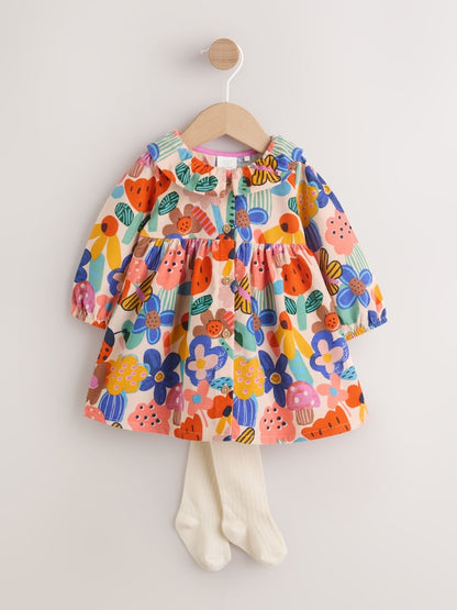 Multi Bright Print Cord Baby Dress And Tights 2 Piece Set (0mths-2yrs)