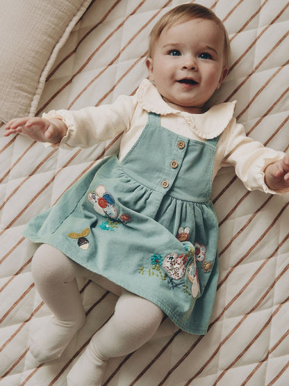 Teal Blue Baby Pinafore Bodysuit And Tights 3 Piece Set (0mths-2yrs) - Teal Blue / Up to 1 Month (50-56cm)