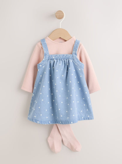 Denim Spot Baby Pinafore Long Sleeve Bodysuit And Tights 3 Piece Set (0mths-2yrs) - Denim Spot / Up to 1 Month (50-56cm)