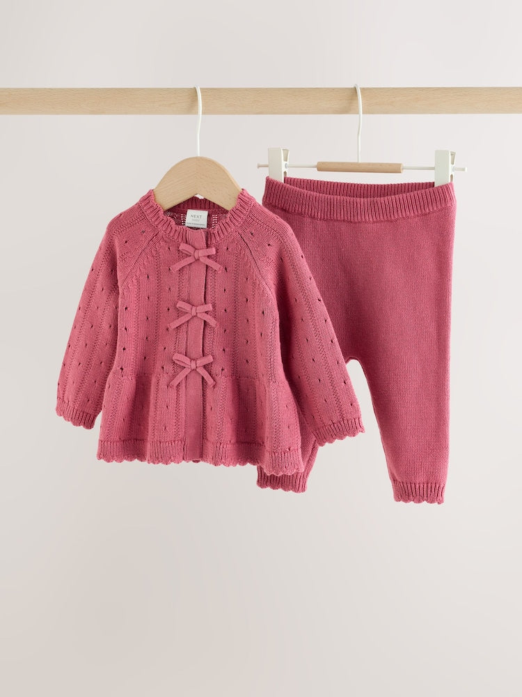 Pink Frill Knitted Bow Baby Cardigan &amp; Leggings Set 2 Piece (0mths-2yrs) - Pink / Up to 1 Month (50-56cm)