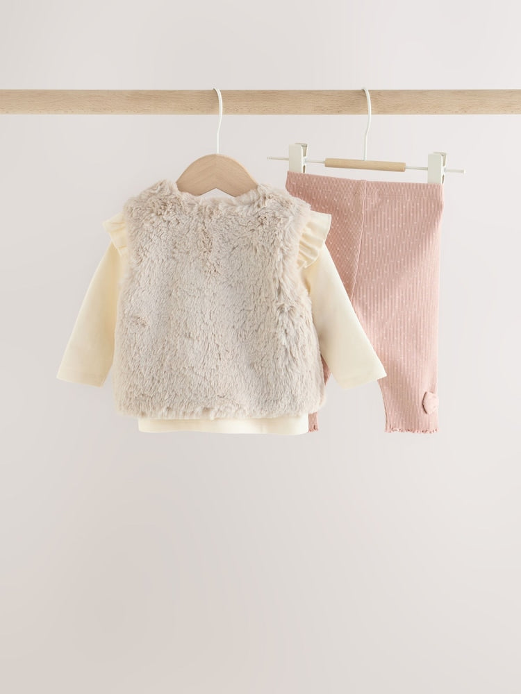 Pink/Cream Fur Baby Gilet Top and Leggings 3 Piece Set (0mths-2yrs)