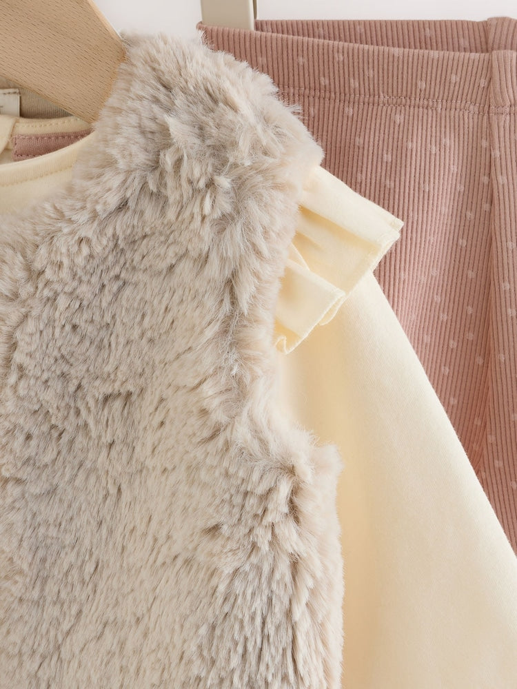 Pink/Cream Fur Baby Gilet Top and Leggings 3 Piece Set (0mths-2yrs)