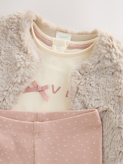 Pink/Cream Fur Baby Gilet Top and Leggings 3 Piece Set (0mths-2yrs)