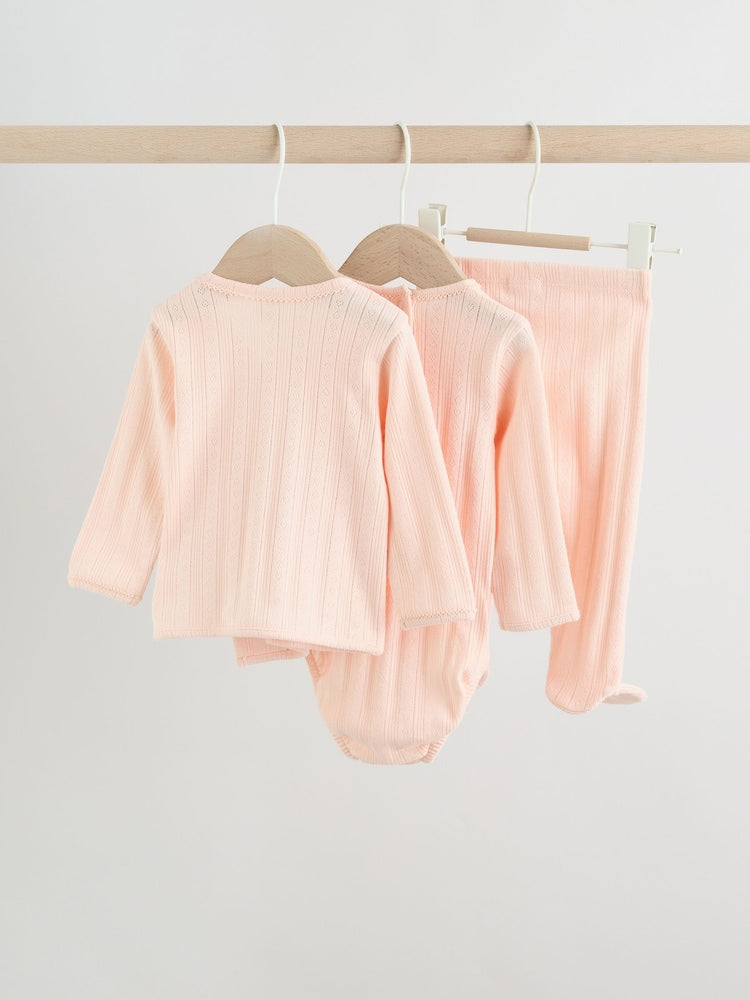 Pink Pointelle Bodysuit Leggings And Cardigan Baby Set 3 Piece (0-9mths)