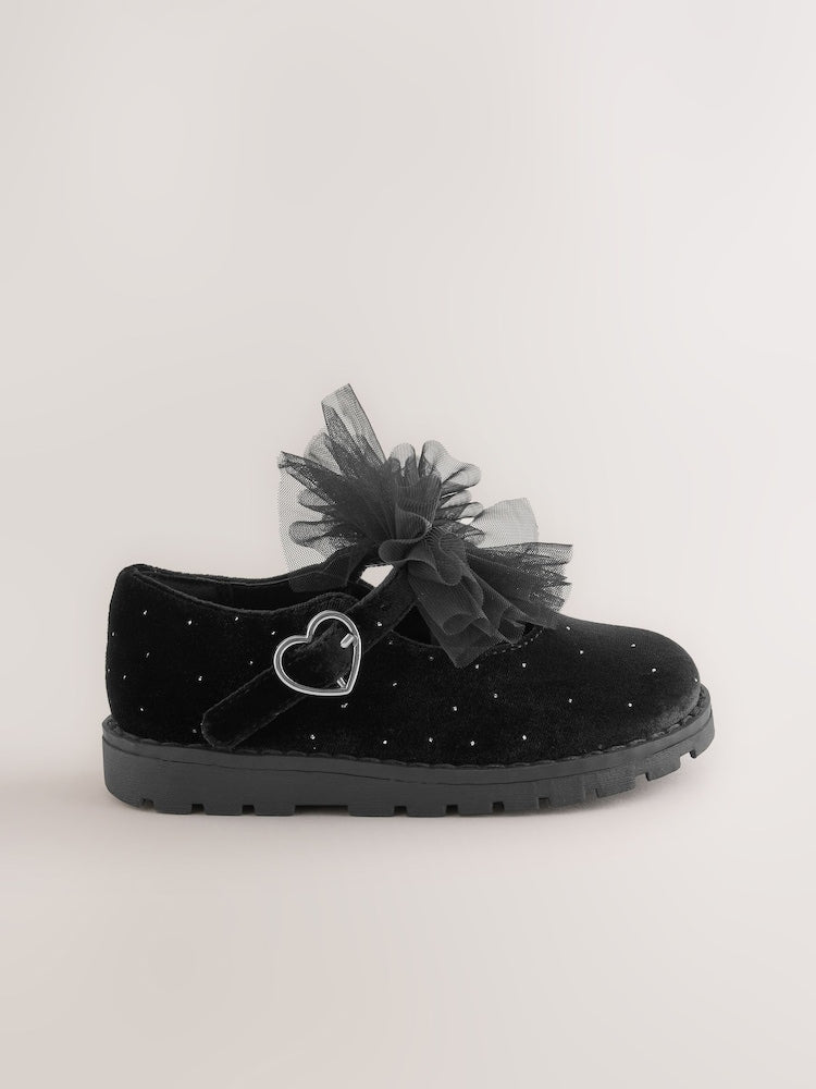 Black Velvet Shimmer Wide Fit (G) Chunky Bow Mary Jane Shoes