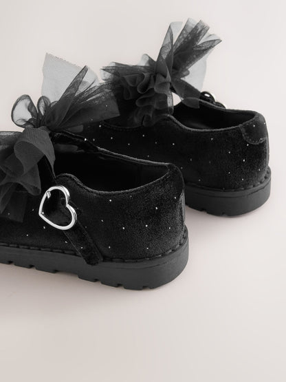Black Velvet Shimmer Wide Fit (G) Chunky Bow Mary Jane Shoes