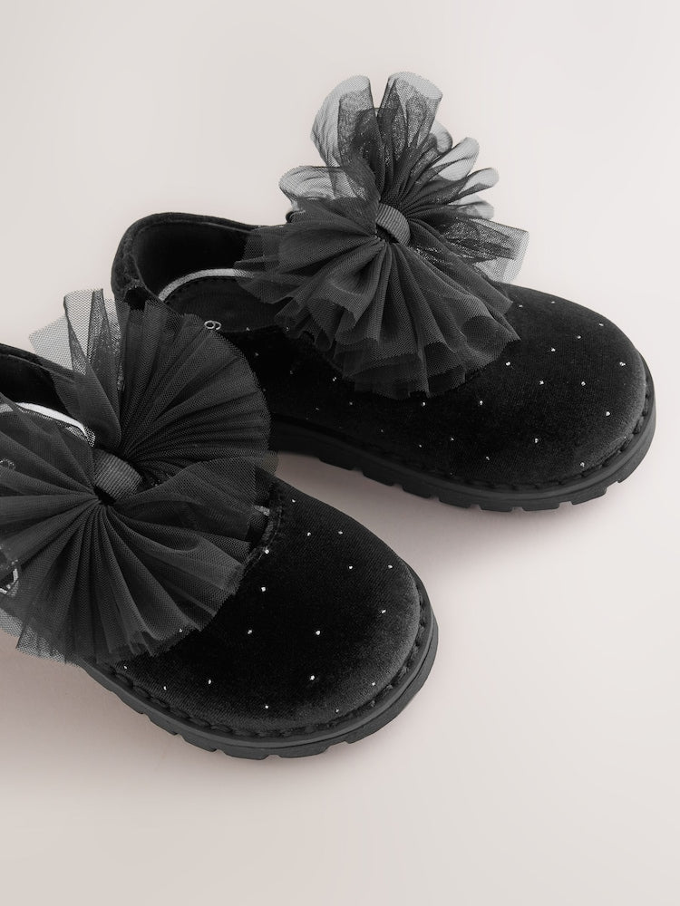 Black Velvet Shimmer Wide Fit (G) Chunky Bow Mary Jane Shoes