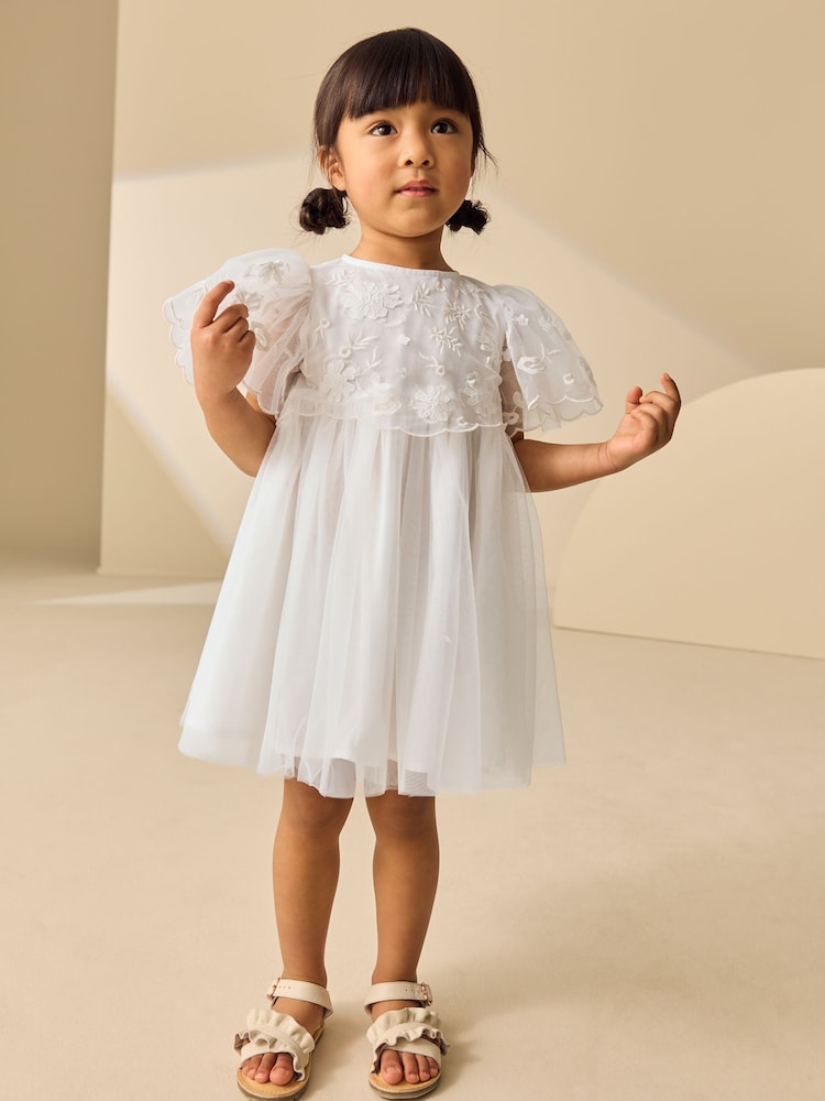 White Embroidered Mesh Ocassion Dress (3mths-8yrs)