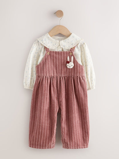 Pink Corduroy/ Ecru Ditsy Blouse &amp; Dungarees