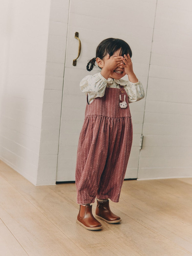 Pink Corduroy/ Ecru Ditsy Blouse &amp; Dungarees