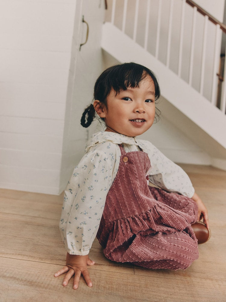 Pink Corduroy/ Ecru Ditsy Blouse &amp; Dungarees