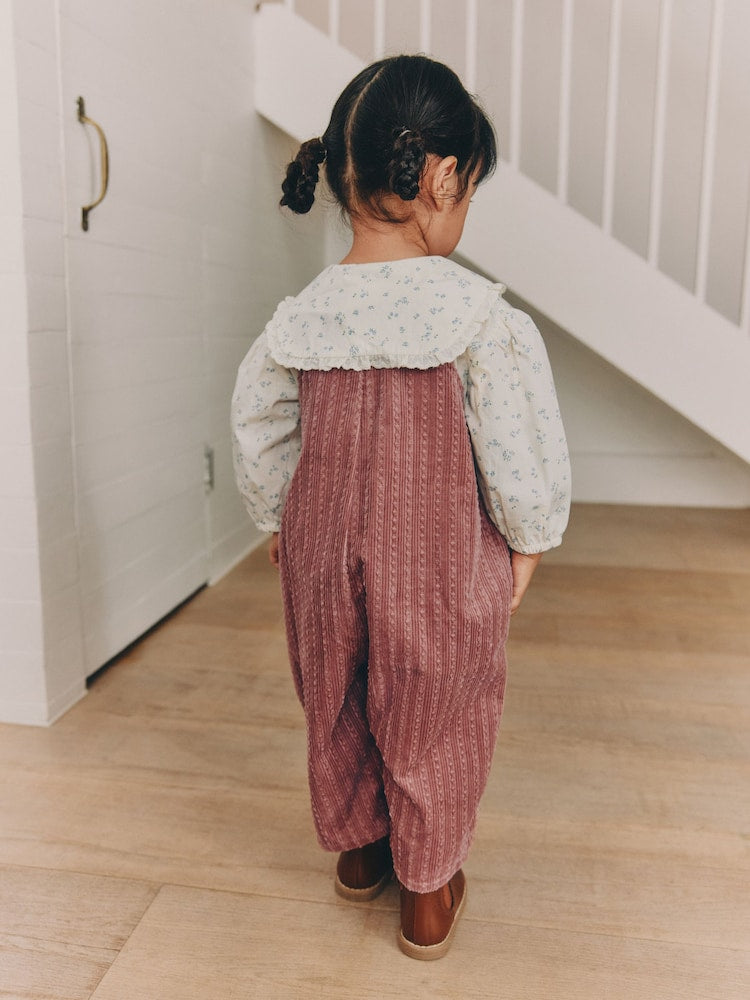 Pink Corduroy/ Ecru Ditsy Blouse &amp; Dungarees