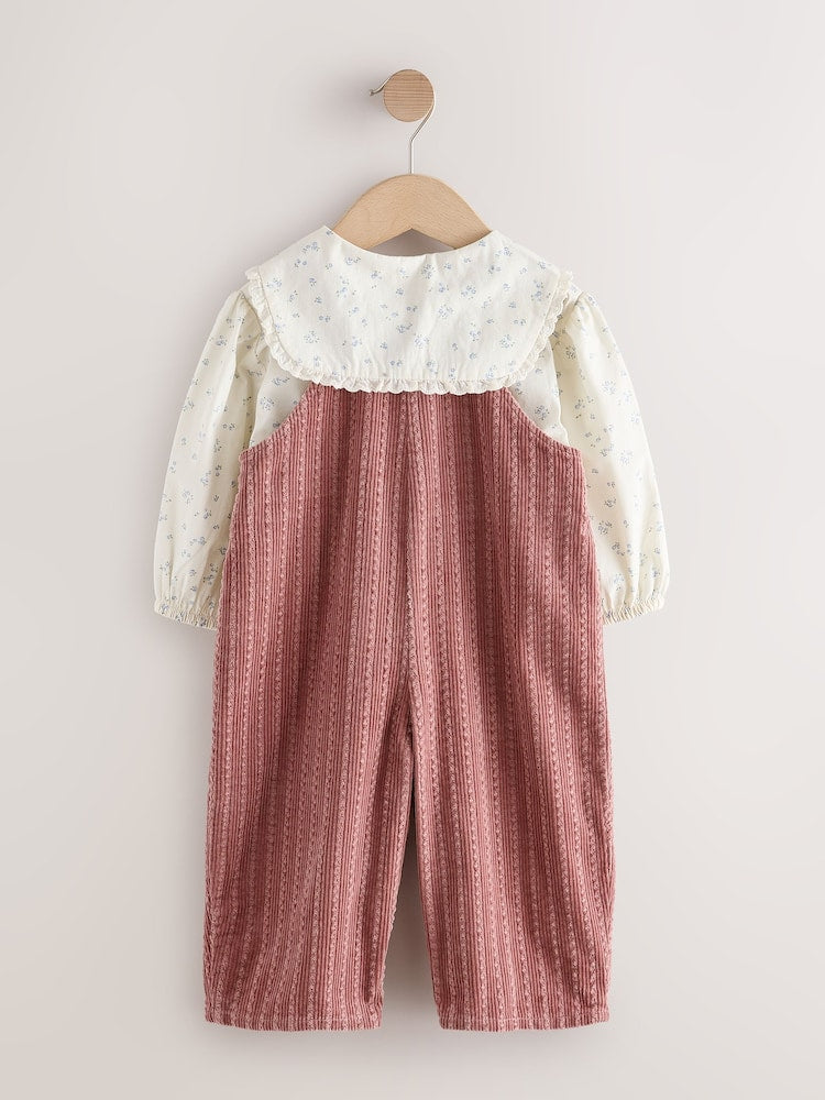 Pink Corduroy/ Ecru Ditsy Blouse &amp; Dungarees