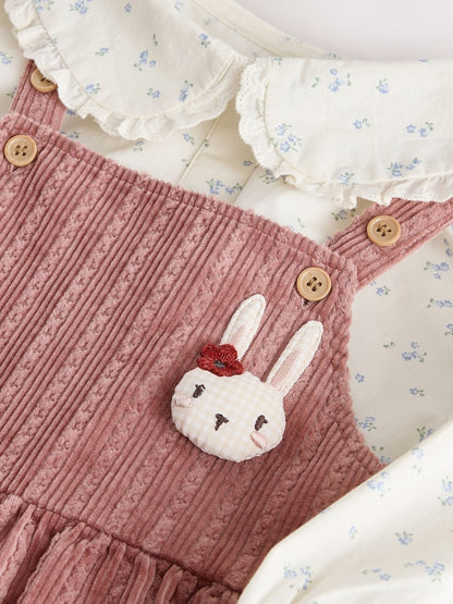Pink Corduroy/ Ecru Ditsy Blouse &amp; Dungarees