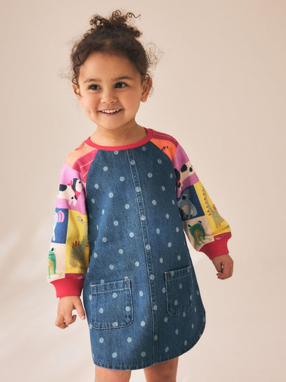 Animal Charcater Raglan Denim Dress (3mths-8yrs) - Animal Charcater Raglan Denim / 12-18 Months (80-86cm)