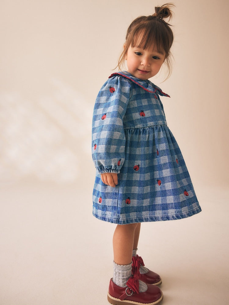 Blue Denim Check Long Sleeve Collar Embroidered Ladybird Dress (3mths-8yrs)