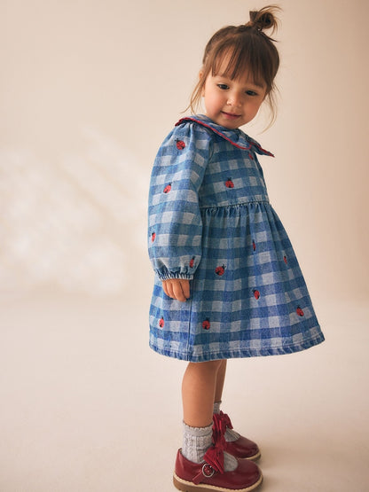 Blue Denim Check Long Sleeve Collar Embroidered Ladybird Dress (3mths-8yrs)