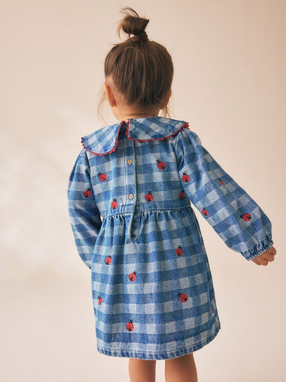Blue Denim Check Long Sleeve Collar Embroidered Ladybird Dress (3mths-8yrs)