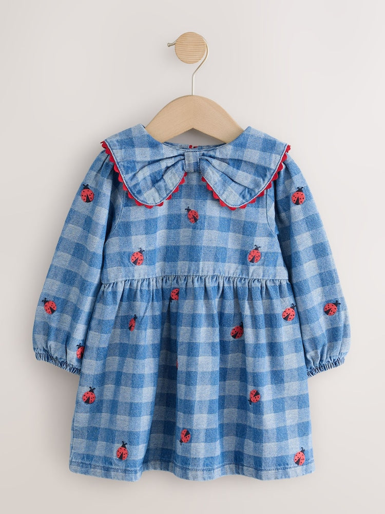 Blue Denim Check Long Sleeve Collar Embroidered Ladybird Dress (3mths-8yrs)
