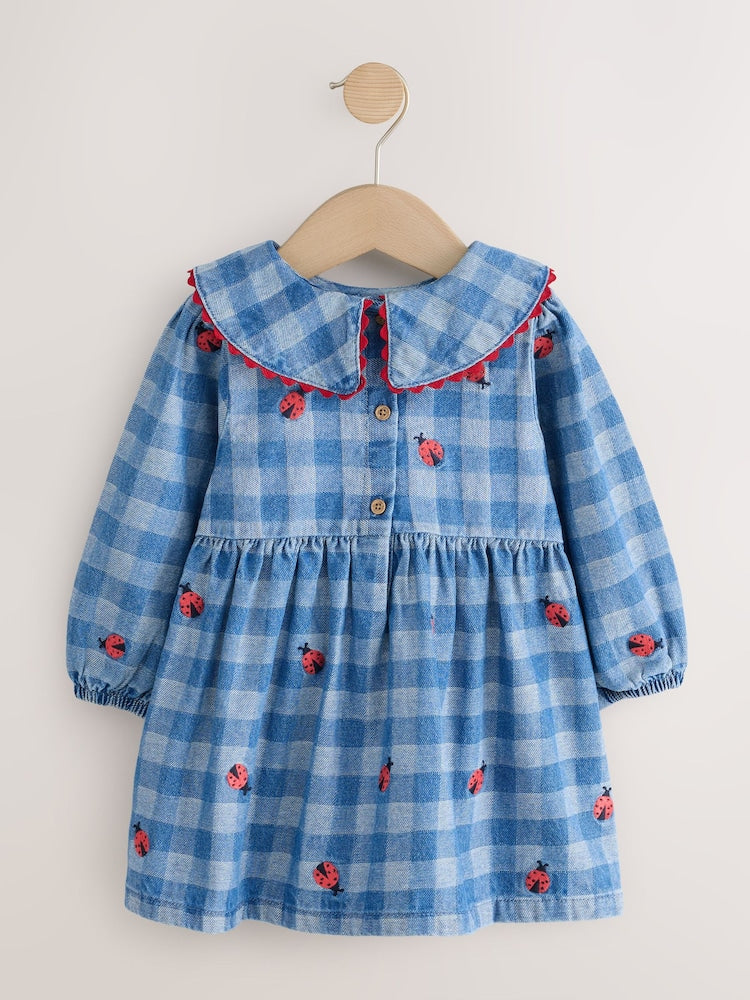 Blue Denim Check Long Sleeve Collar Embroidered Ladybird Dress (3mths-8yrs)