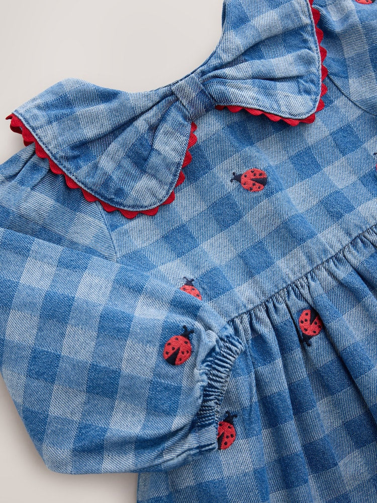 Blue Denim Check Long Sleeve Collar Embroidered Ladybird Dress (3mths-8yrs)