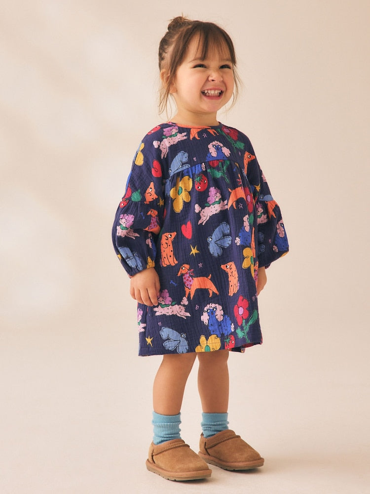 Navy Blue Dog Print Long Sleeve Printed Dress (3mths-8yrs) - Navy Blue Dog Print / 12-18 Months (80-86cm)
