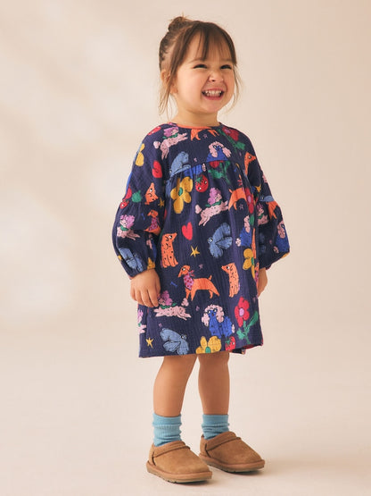 Navy Blue Dog Print Long Sleeve Printed Dress (3mths-8yrs) - Navy Blue Dog Print / 12-18 Months (80-86cm)