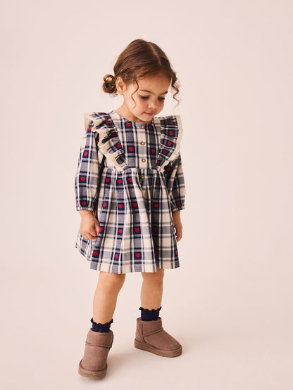 Navy Blue Heart Check Frill Collar Long Sleeve Dress (3mths-8yrs) - Navy Blue Heart Check Frill Collar Long Sleeve / 12-18 Months (80-86cm)