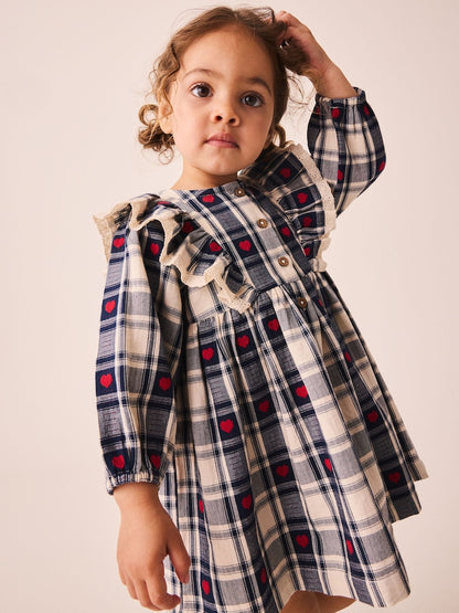 Navy Blue Heart Check Frill Collar Long Sleeve