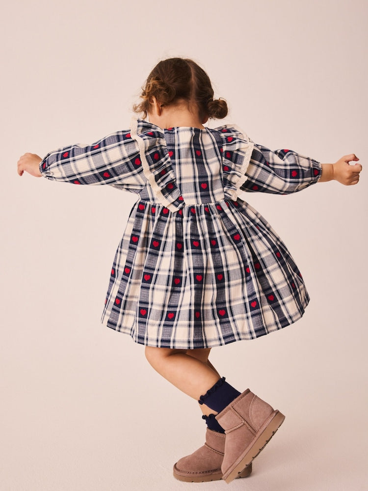 Navy Blue Heart Check Frill Collar Long Sleeve