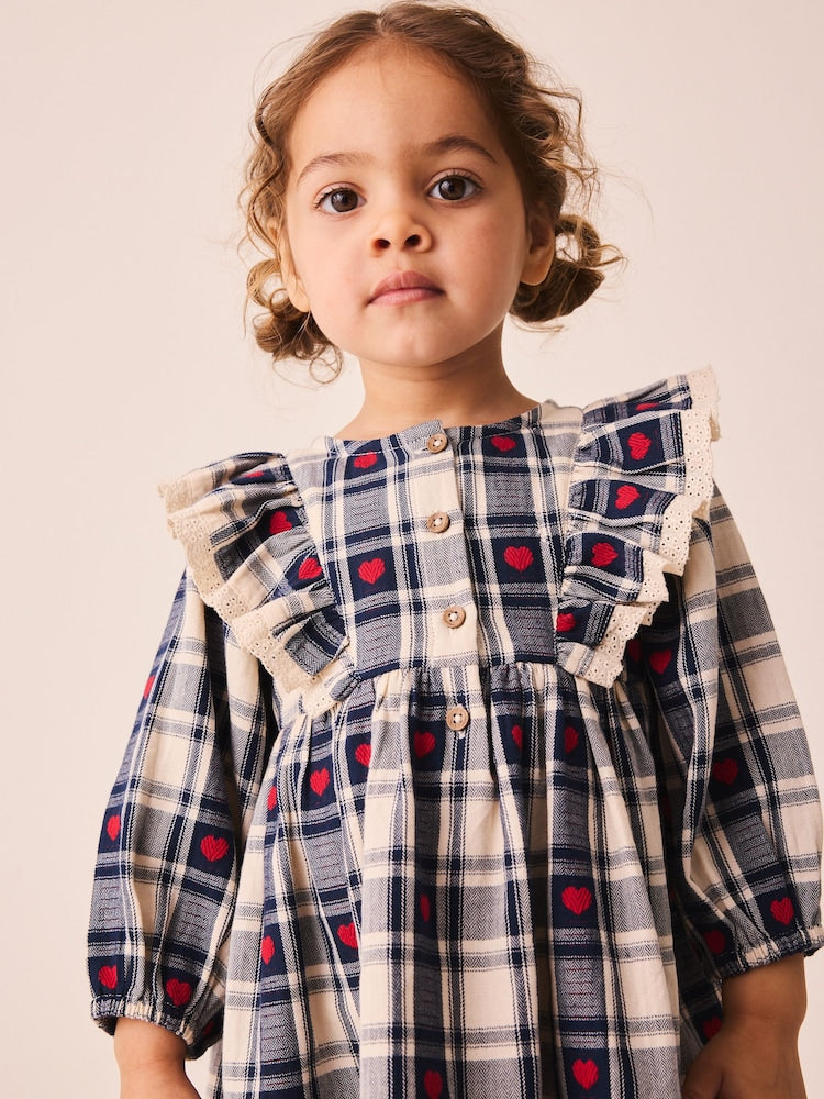 Navy Blue Heart Check Frill Collar Long Sleeve