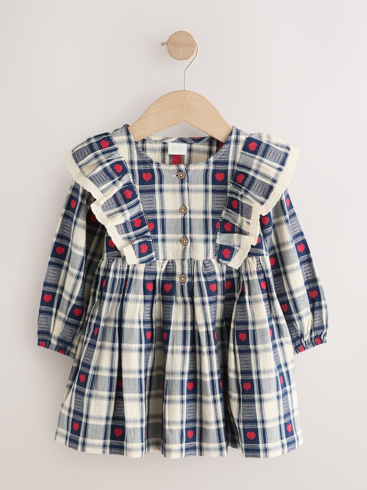 Navy Blue Heart Check Frill Collar Long Sleeve