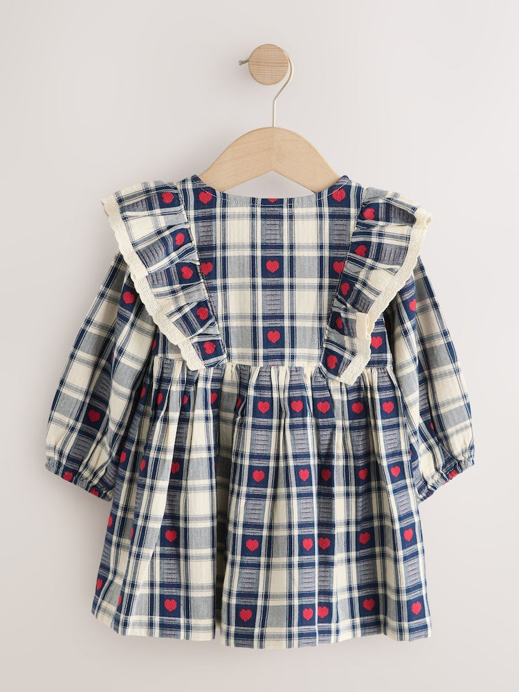 Navy Blue Heart Check Frill Collar Long Sleeve
