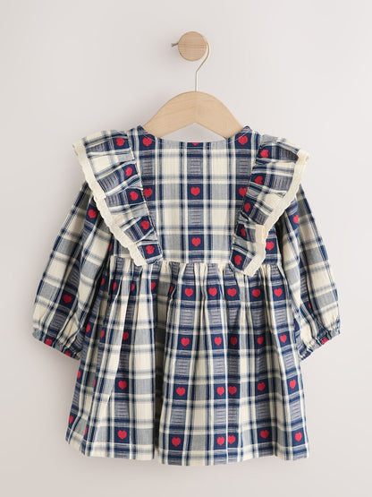 Navy Blue Heart Check Frill Collar Long Sleeve