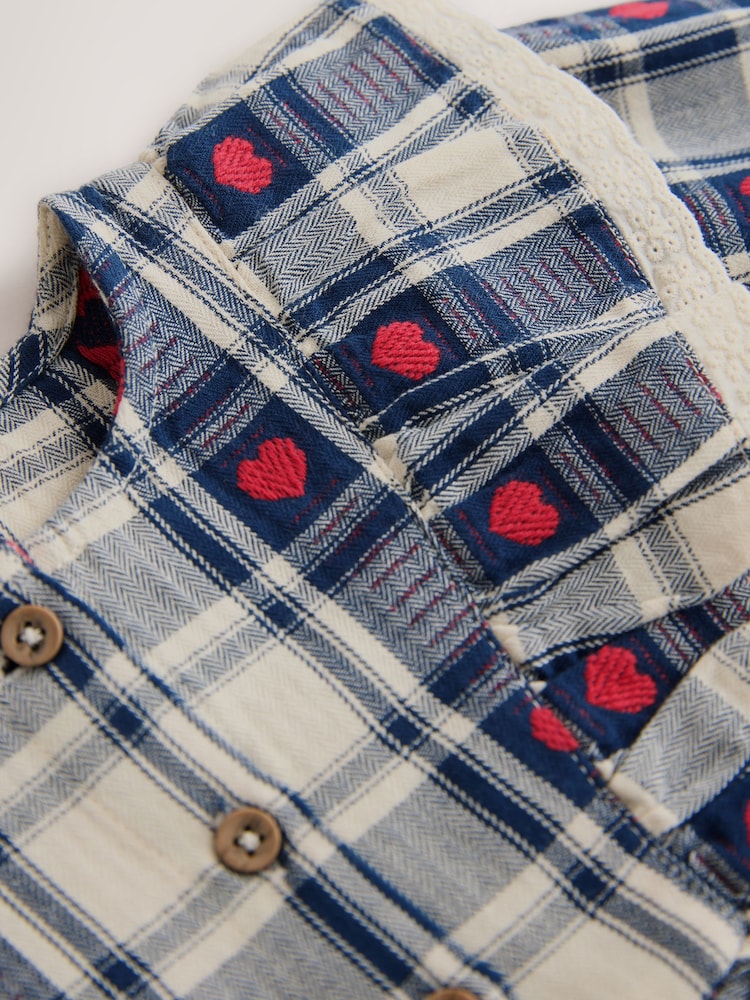 Navy Blue Heart Check Frill Collar Long Sleeve