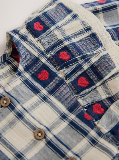Navy Blue Heart Check Frill Collar Long Sleeve