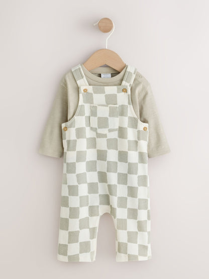 Neutral Checkerboard Jersey Dungaree and Bodysuit Baby Set (0mths-2yrs) - Neutral Checkerboard / Up to 1 Month (50-56cm)