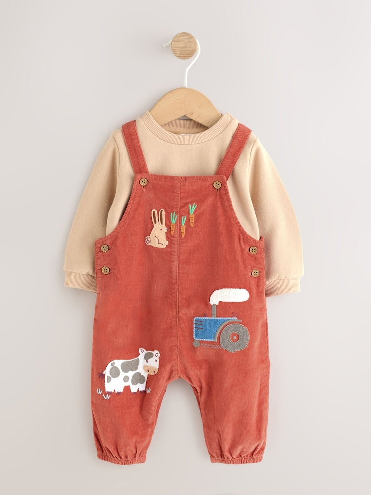Rust Brown Farmyard Cord Dungarees and Bodysuit Baby Set (0mths-3yrs) - Rust Brown Farmyard / Up to 1 Month (50-56cm)