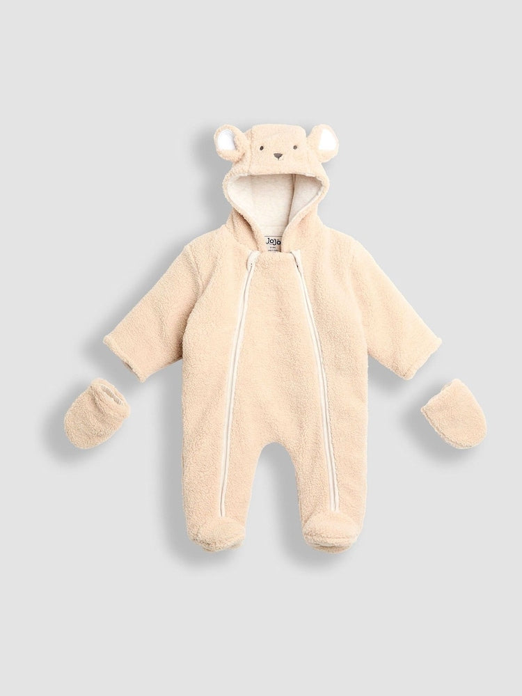 JoJo Maman Bébé Brown Bear Cosy Borg Character Pramsuit - Size Newborn