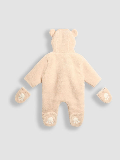 JoJo Maman Bébé Brown Bear Cosy Borg Character Pramsuit - Size Newborn