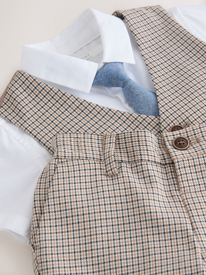 Brown Check Waistcoat, Shirt, Shorts &amp; Tie Set (3mths-9yrs)