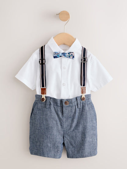 White/Blue Shirt Shorts Braces &amp; Bow Tie Set (3mths-9yrs)