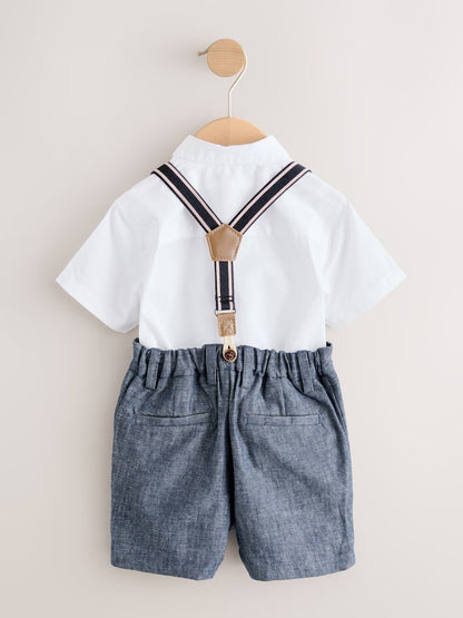 White/Blue Shirt Shorts Braces &amp; Bow Tie Set (3mths-9yrs)