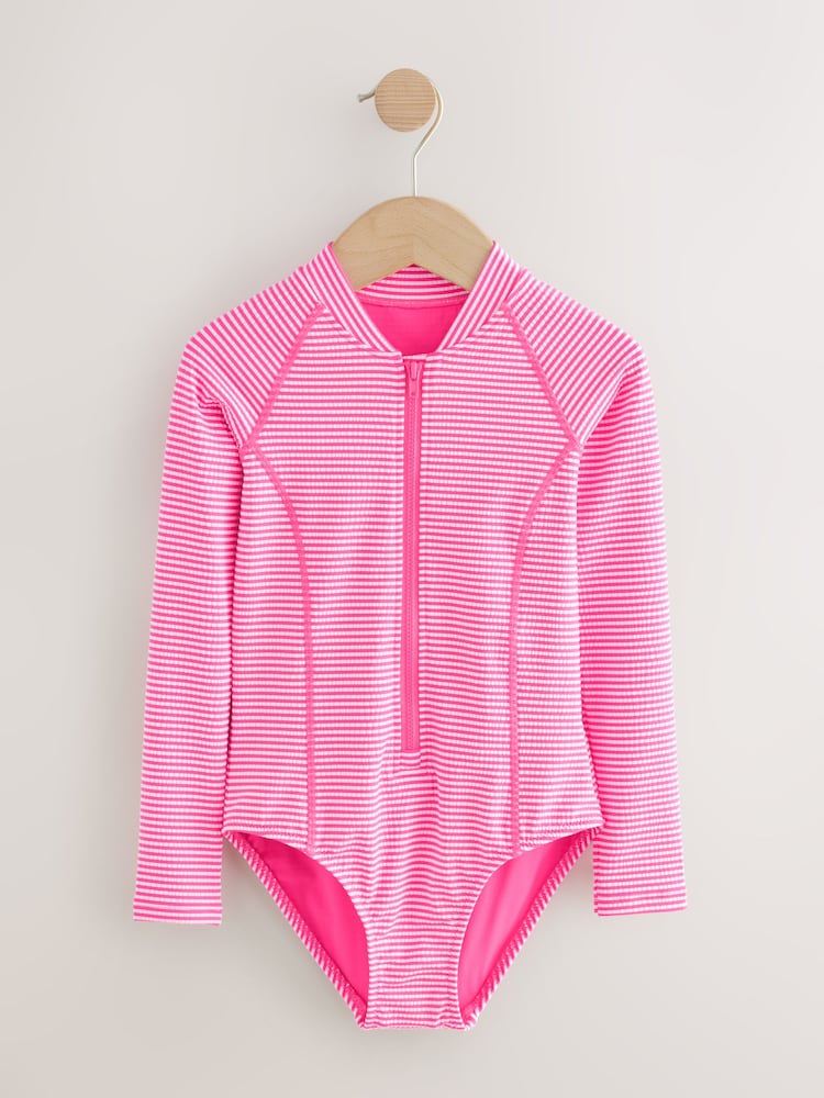 Pink/White Stripe Textured Long Sleeve Sunsafe Swimsuit (3-16yrs)