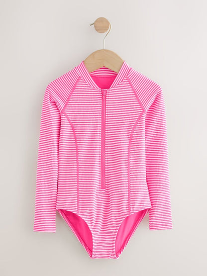Pink/White Stripe Textured Long Sleeve Sunsafe Swimsuit (3-16yrs)