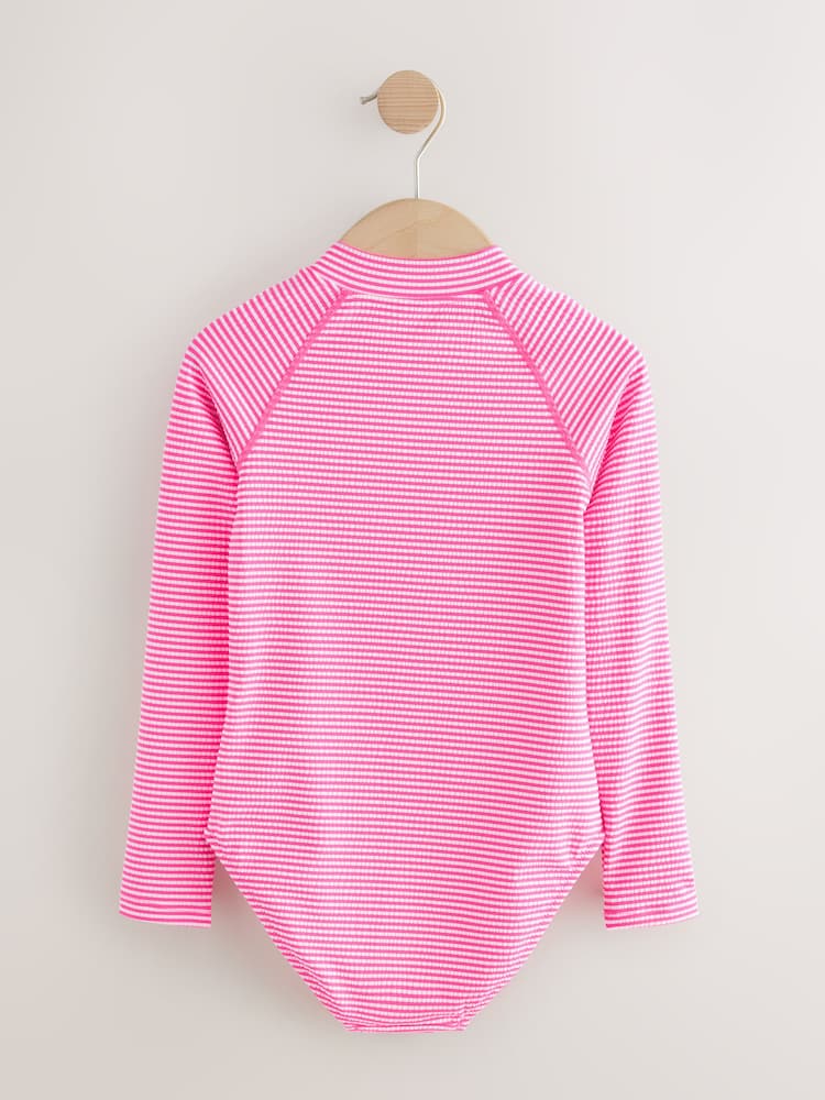 Pink/White Stripe Textured Long Sleeve Sunsafe Swimsuit (3-16yrs)