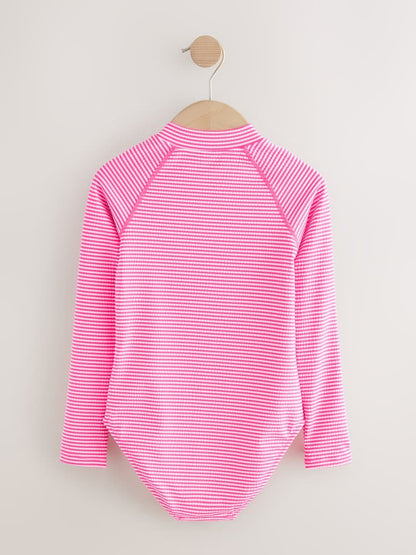 Pink/White Stripe Textured Long Sleeve Sunsafe Swimsuit (3-16yrs)