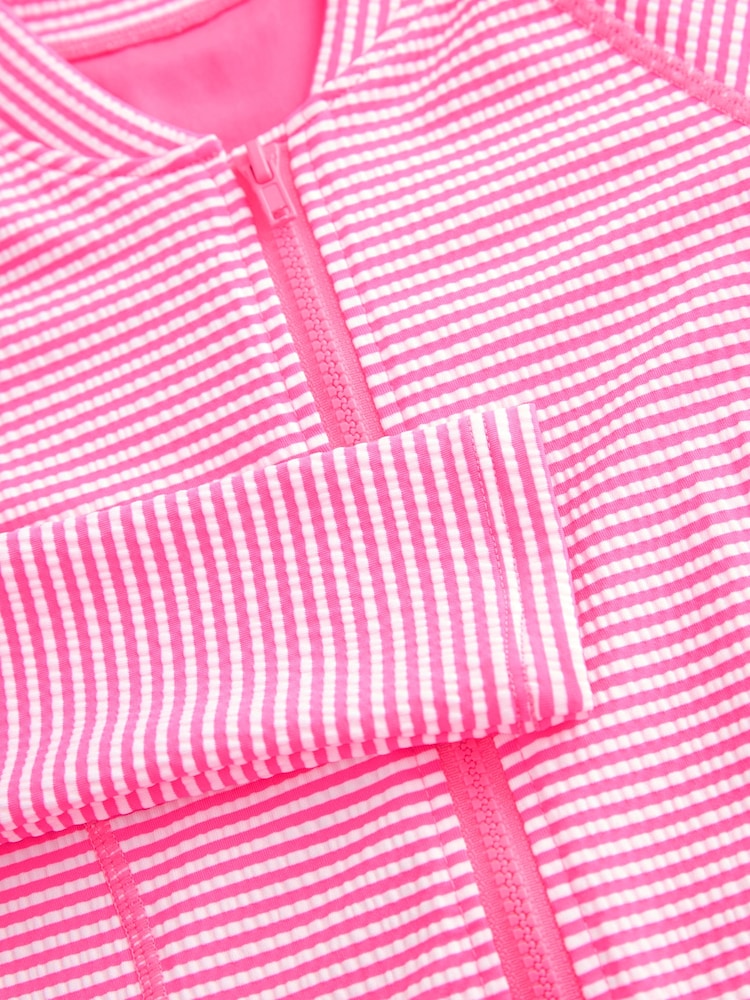 Pink/White Stripe Textured Long Sleeve Sunsafe Swimsuit (3-16yrs)