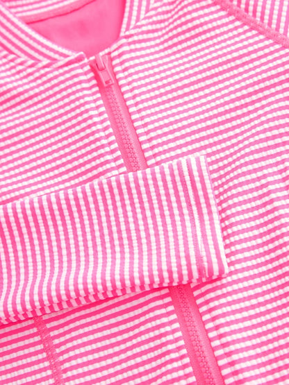 Pink/White Stripe Textured Long Sleeve Sunsafe Swimsuit (3-16yrs)
