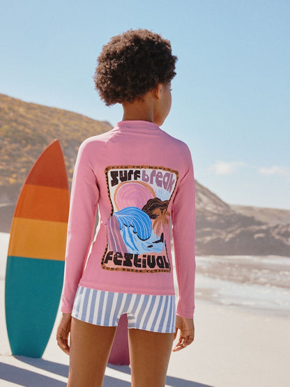 Pink/Blue Surf Graphic Long Sleeve Sunsafe Rash Vest And Shorts Set (3-16yrs)